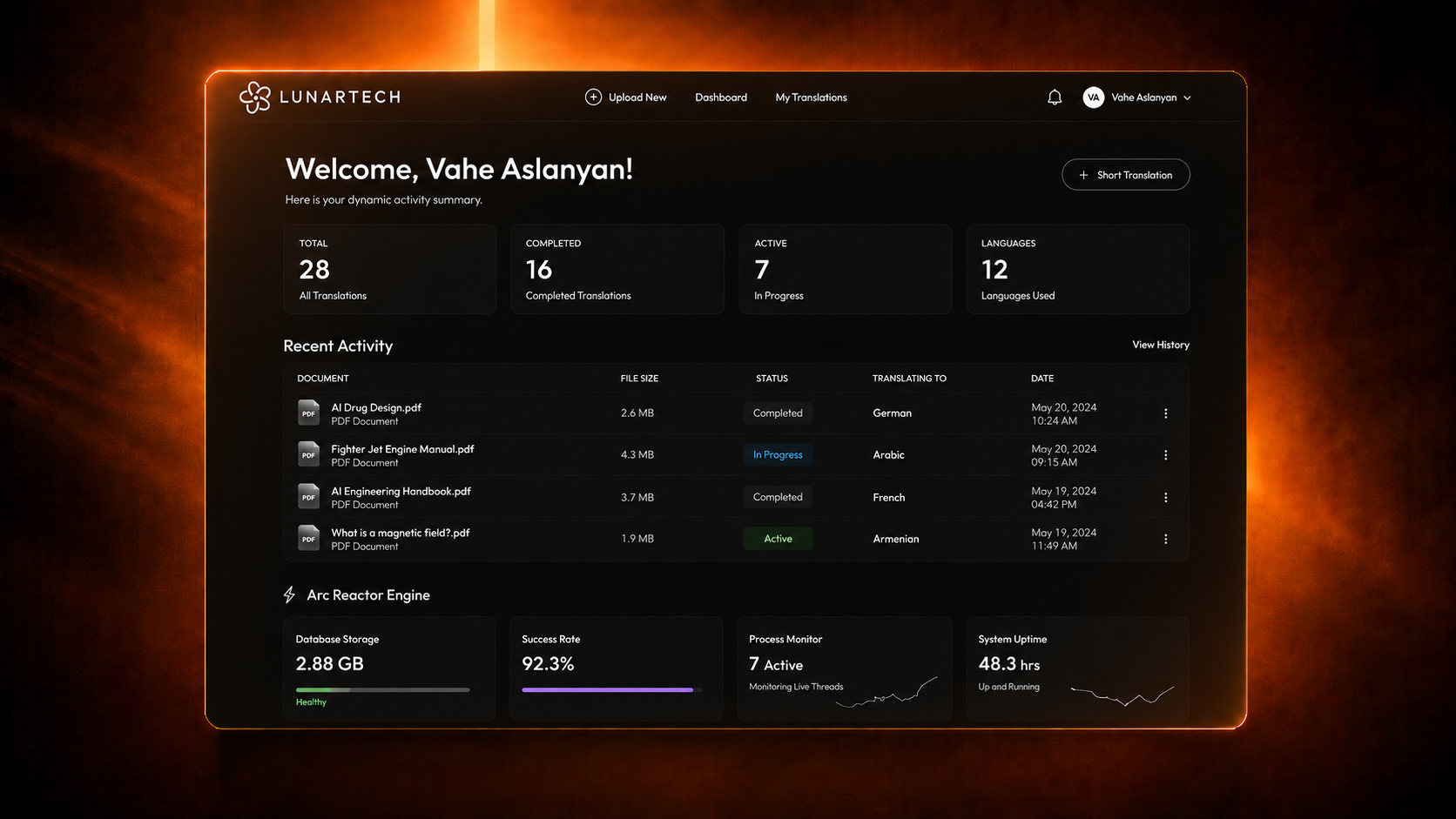 The Babel dashboard — recent translation activity, document statuses, and live processing metrics
