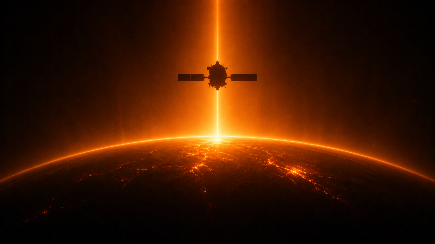 A satellite in orbit above a planet lit by an orange sunrise